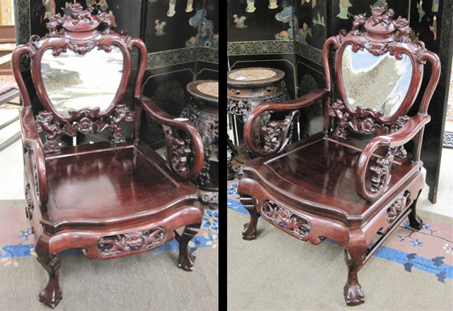 Appraisal: PAIR OF CARVED ROSEWOOD ARMCHAIRS Chinese th century with inset