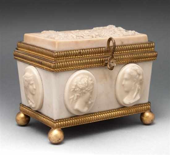 Appraisal: Continental gilt-metal-mounted carved coade stone composite box late th century