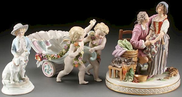 Appraisal: THREE PORCELAIN AND BISQUE FIGURAL GROUPS TH C THREE PORCELAIN