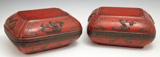 Appraisal: Pair of Chinese Red and Black Lacquer Covered Boxe Pair