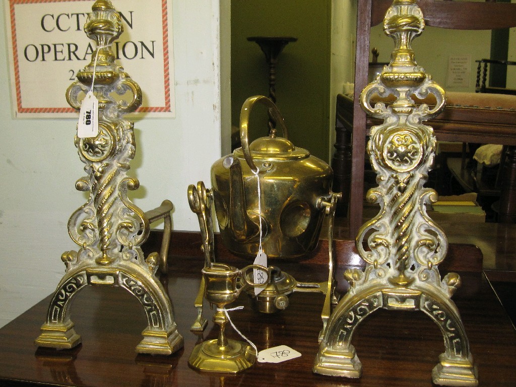 Appraisal: Lot comprising pair of fire dogs kettle on stand and