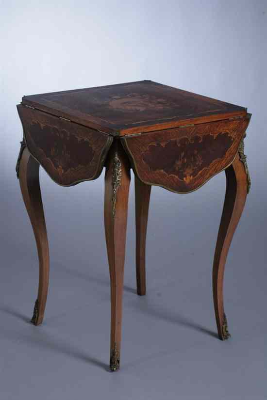 Appraisal: LOUIS XV STYLE INLAID FRUITWOOD FOUR-SIDE DROP-LEAF CENTER TABLE Shaped