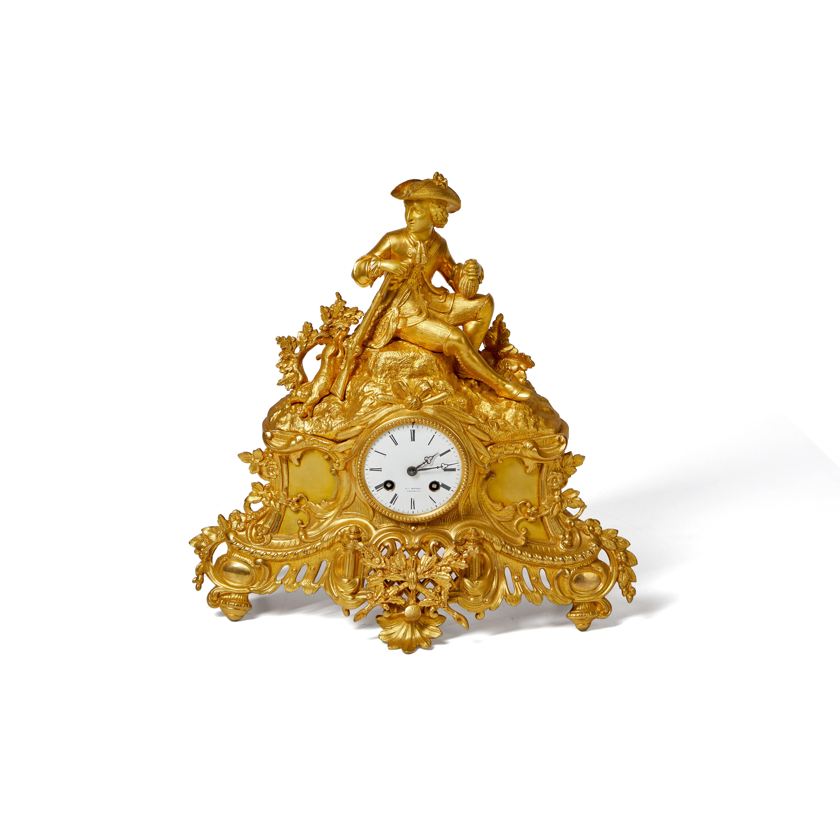 Appraisal: Gilt-bronze Mantel Clock topped by a sitting hunter with central