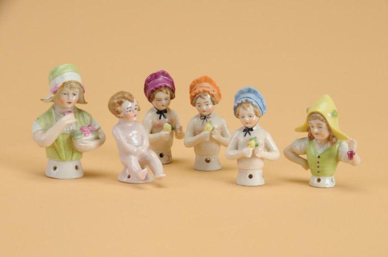 Appraisal: Lot Six Children Half Dolls Germany ca glazed porcelain pin