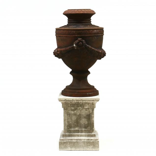 Appraisal: LARGE CLASSICAL STYLE CAST IRON URN ON PEDESTAL Second half