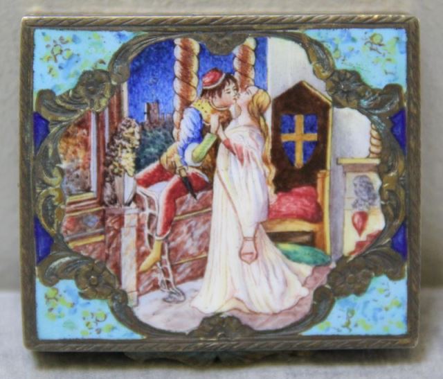 Appraisal: SILVER Fallaci Enamel Decorated GildedSilver Box Enamel decorated romantic scene