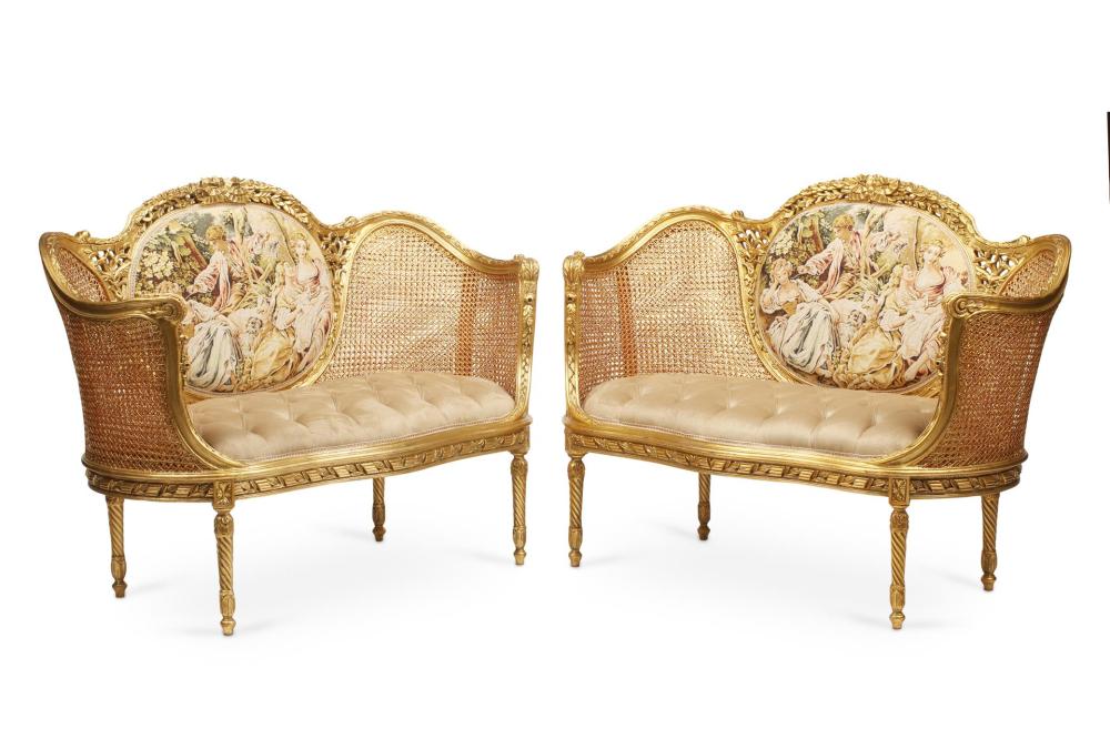 Appraisal: A PAIR OF FRENCH CANED SETTEESA pair of French caned