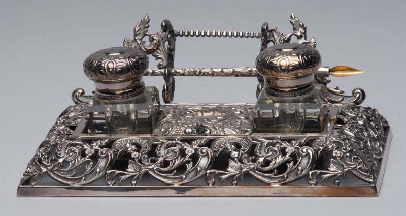 Appraisal: Rogers Pen Stamp Holder Antique Inkwell Description Silver plated Glass