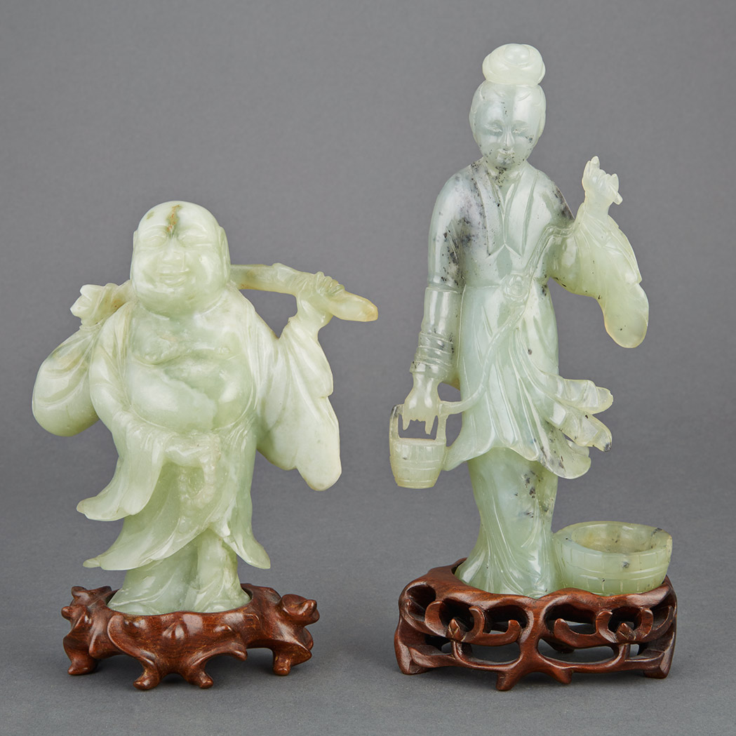 Appraisal: Chinese Green Hardstone Figure of Guanyin Together with a Green