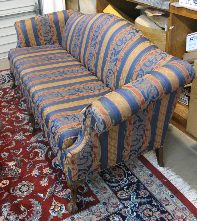 Appraisal: CHIPPENDALE STYLE SCROLL-ARM SOFA American mid- th century with later