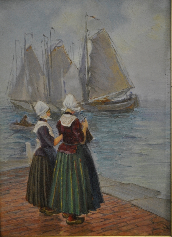 Appraisal: - Gouache of two Dutch girls on a dock signed