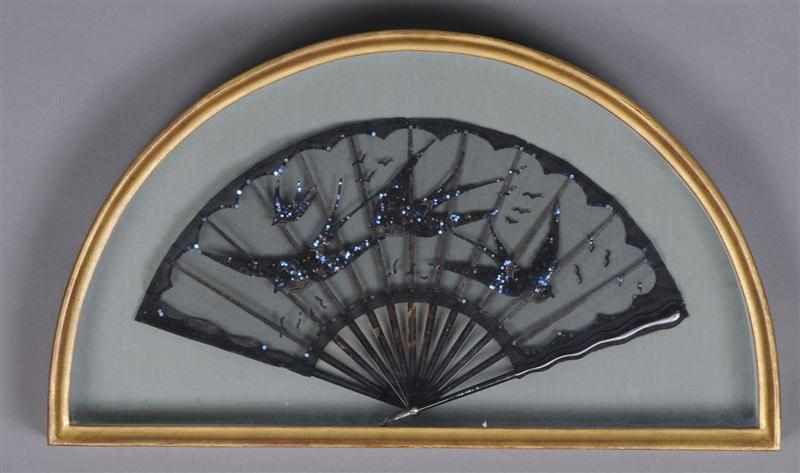 Appraisal: FRENCH SEQUIN-MOUNTED BLACK GAUZE FAN Worked with a flight of