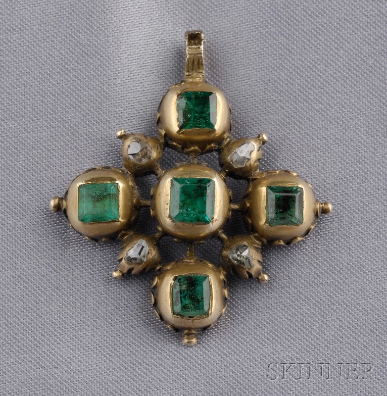 Appraisal: Antique Foil-backed Emerald and Diamond Pendant set with five step-cut