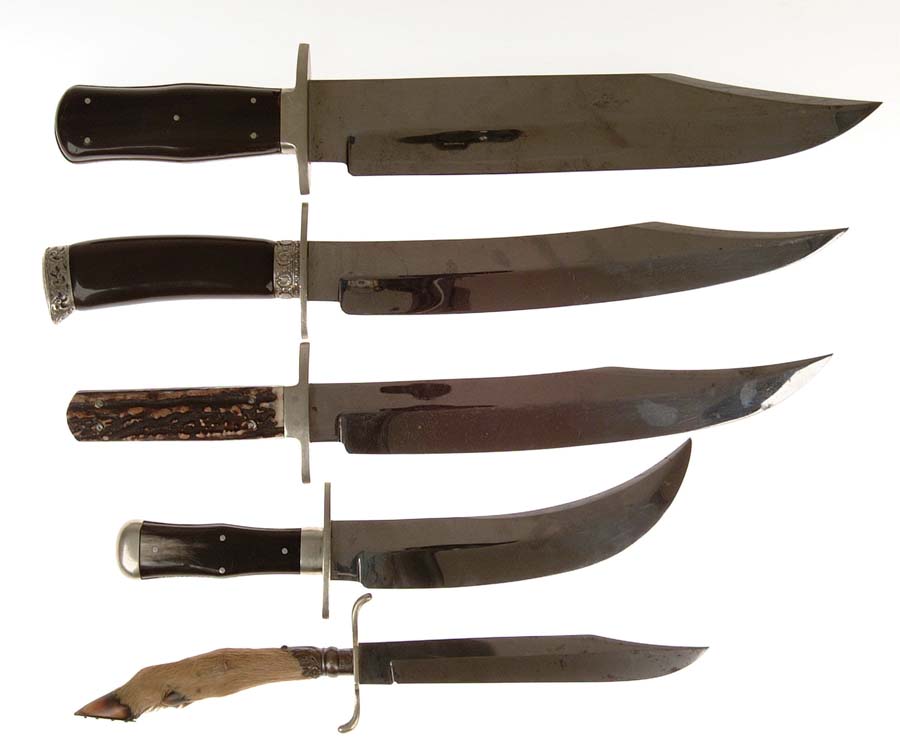 Appraisal: LOT OF FIVE BOWIE KNIVES Large reproduction with clip point