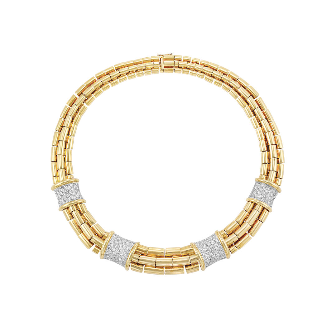 Appraisal: Gold and Diamond Necklace kt the triple row of tubular