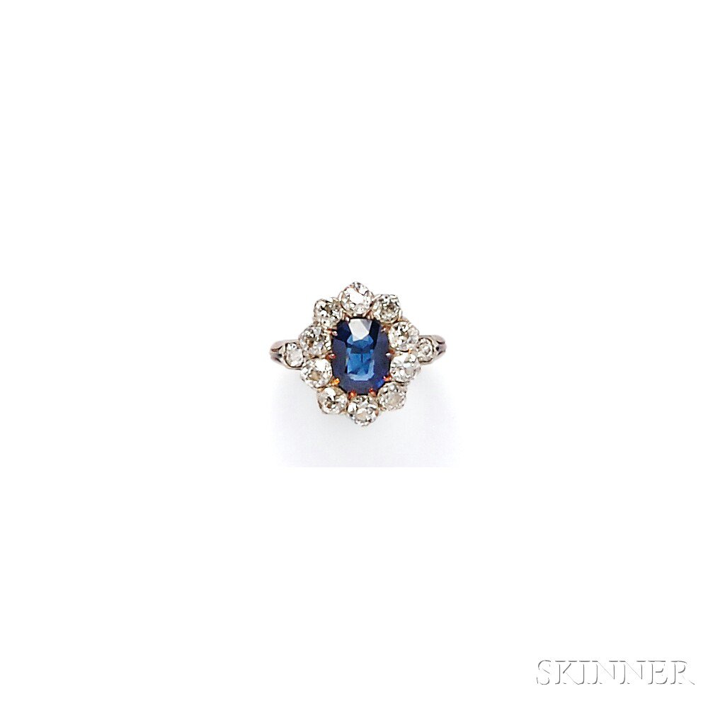 Appraisal: Edwardian Sapphire and Diamond Ring France prong-set with a cushion-cut