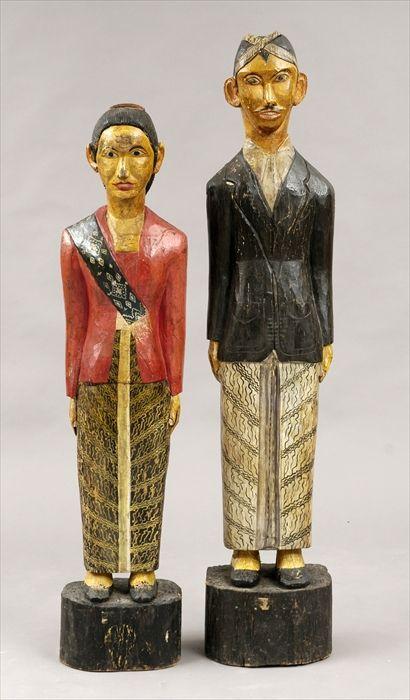 Appraisal: Two Chinese Polychrome Carved Wood Figures of a Man and