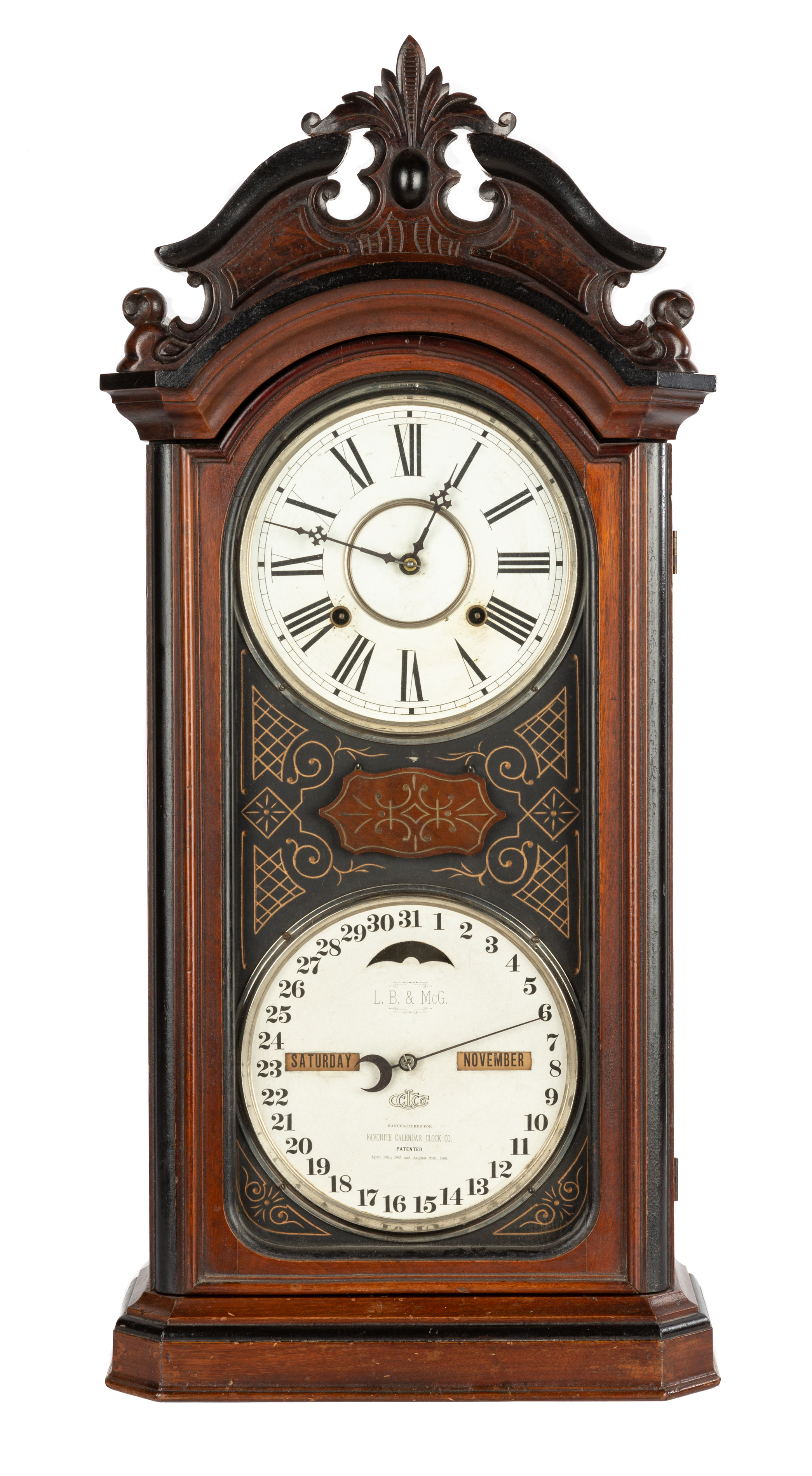 Appraisal: ITHACA FAVORITE CALENDAR CLOCK th century With carved walnut and