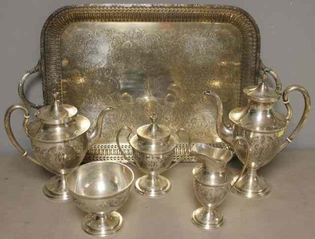 Appraisal: STERLING S Kirk Piece Tea Set on SilverplateTray with Monogram