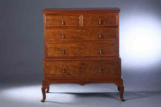 Appraisal: WILLIAM AND MARY STYLE FIGURED WALNUT FIVE-DRAWER CHEST-ON-CHEST Upper section