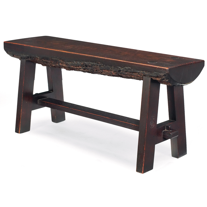 Appraisal: Good Roycroft Ali Baba bench plank seat with bark to