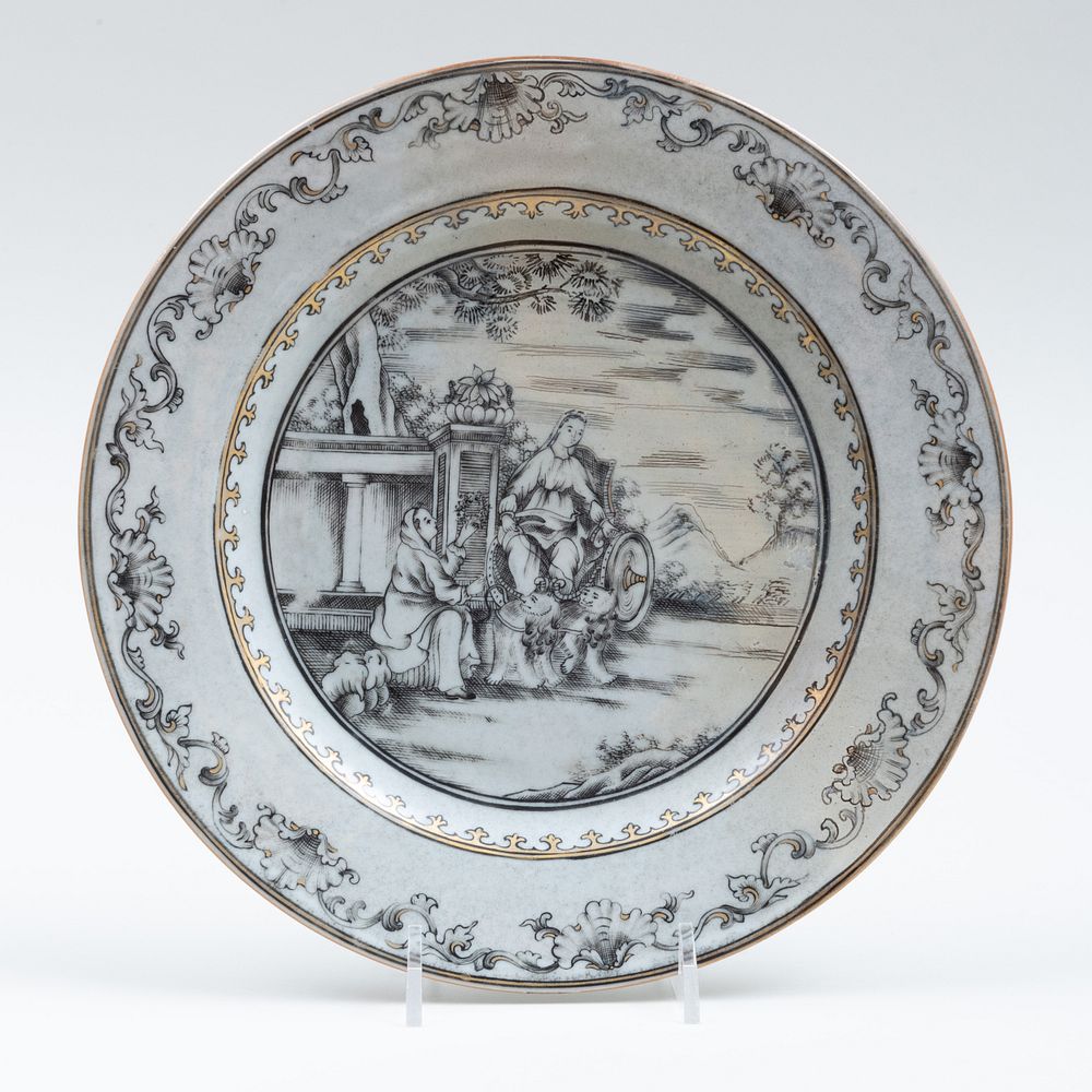 Appraisal: Chinese Export Gilt and Grisaille Porcelain Mythological Plate Probably depicting