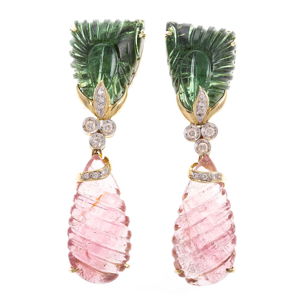 Appraisal: A Pair of Carved Pink Green Tourmaline Earrings K yellow