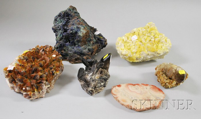 Appraisal: Six Assorted Geodes including possibly quartz sulfur calcite azurite malachite