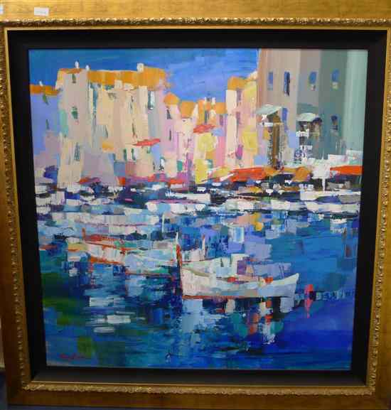 Appraisal: Kerry Hallam - oil on canvas Mediterranean harbour scene signed