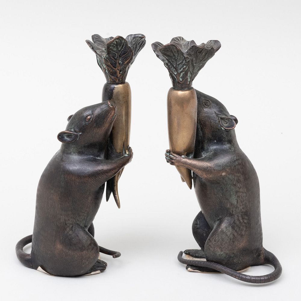 Appraisal: Pair of Japanese Meiji Bronze Rat Form Candlesticks Three character