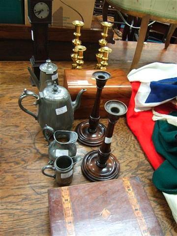 Appraisal: Two Victorian boxes two pairs of brass candlesticks pewter coffee