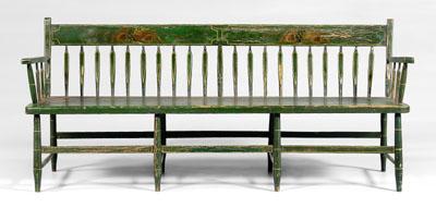 Appraisal: American Windsor bench poplar plank seat bright green paint decoration