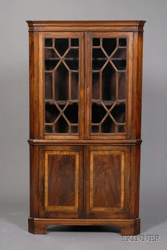 Appraisal: Georgian-style Crossbanded and Inlaid Mahogany Corner Cabinet th century pair