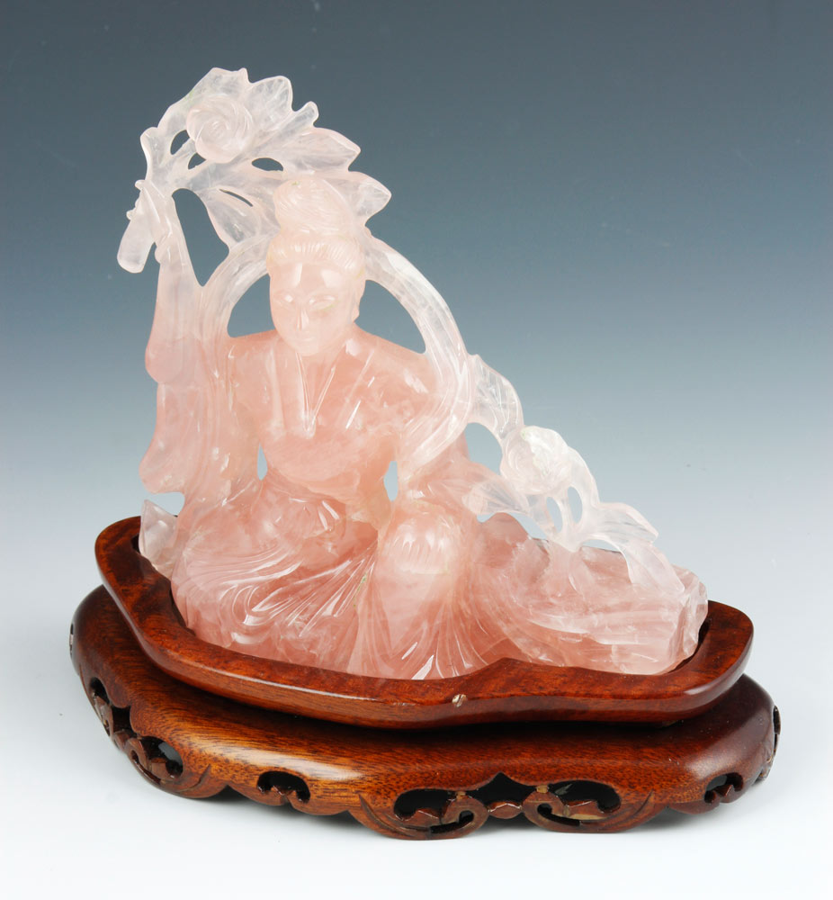 Appraisal: - Chinese Carved Pink Quartz Figure Chinese sitting figure carved