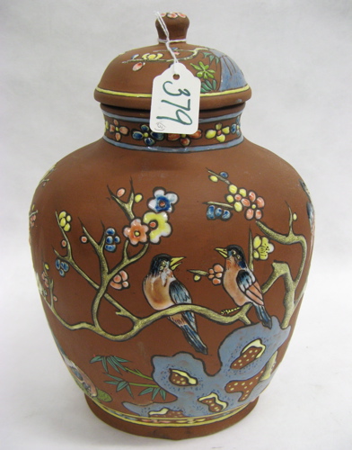 Appraisal: THREE DECORATIVE CHINESE CLAY POTTERY ITEMS having matt brick red