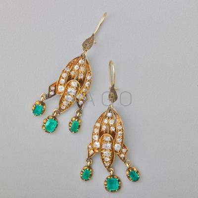 Appraisal: OLD MINE CUT DIAMOND EMERALD GOLD EARRINGS Girandole style diamonds