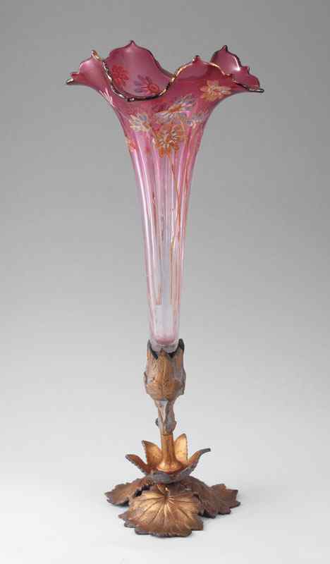 Appraisal: VICTORIAN ERA CRANBERRY GLASS TRUMPET VASE Hand enameled gilt metal