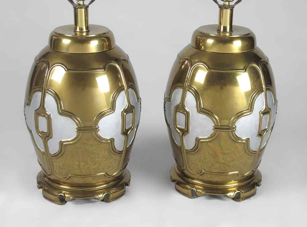 Appraisal: PAIR BRASS ORIENTAL STYLE LAMPS AND SHADES Brass with silver