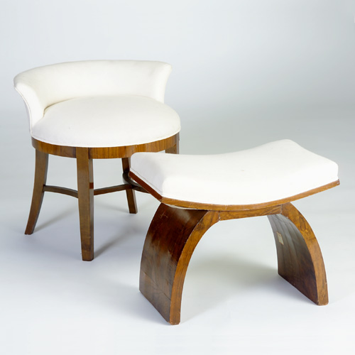 Appraisal: ART DECO Two vanity stools with muslin upholstery on veneered