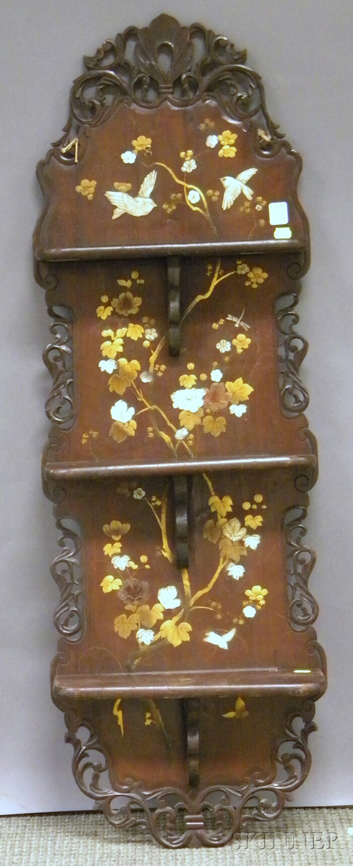 Appraisal: Chinese Carved Bone-inset and Enamel-decorated Carved Wood Three-tier Wall Shelf