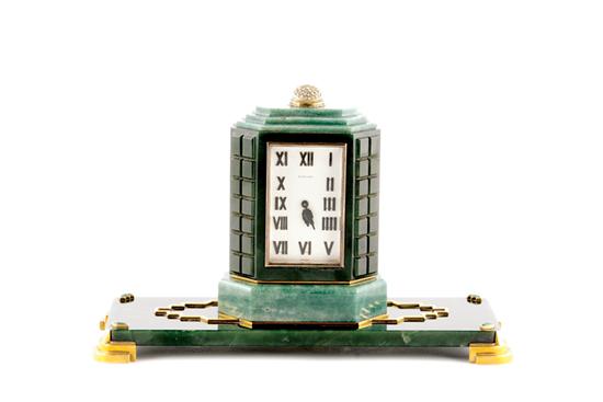 Appraisal: Fine Cartier spinach jade Art Deco desk clock circa diamond-encrusted