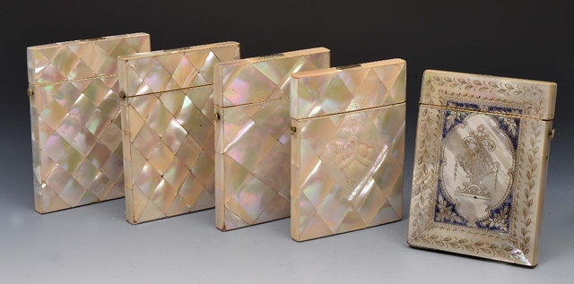 Appraisal: Five Victorian mother of pearl card casesmostly with geometric decoration