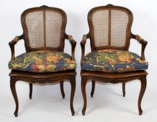 Appraisal: Pair of Louis XV armchairs walnut with cane Pair of