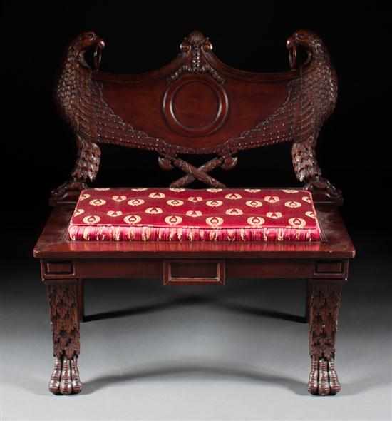 Appraisal: Classical style carved mahogany hall bench th century carved double