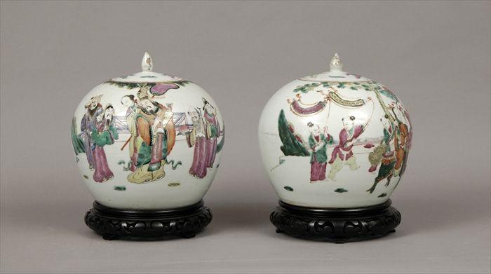 Appraisal: Two Chinese Famille Rose Porcelain Covered Jars on Stands to