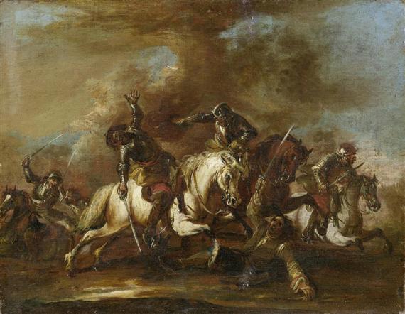 Appraisal: ITALIAN SCHOOL TH C Battle scene with cavaliers Oil on