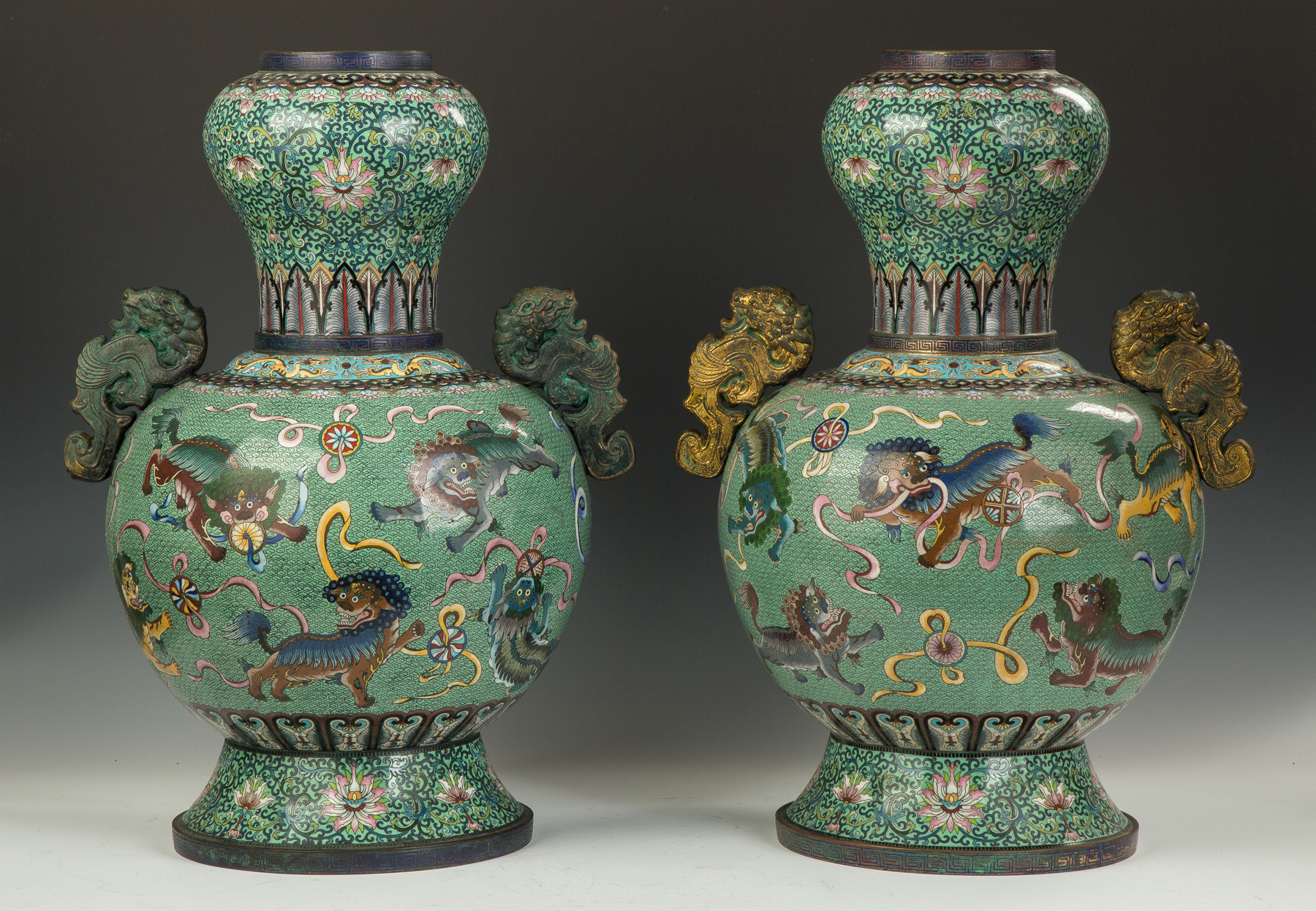 Appraisal: Pair of Monumental Chinese Cloisonne Temple Urns Gilt bronze handles