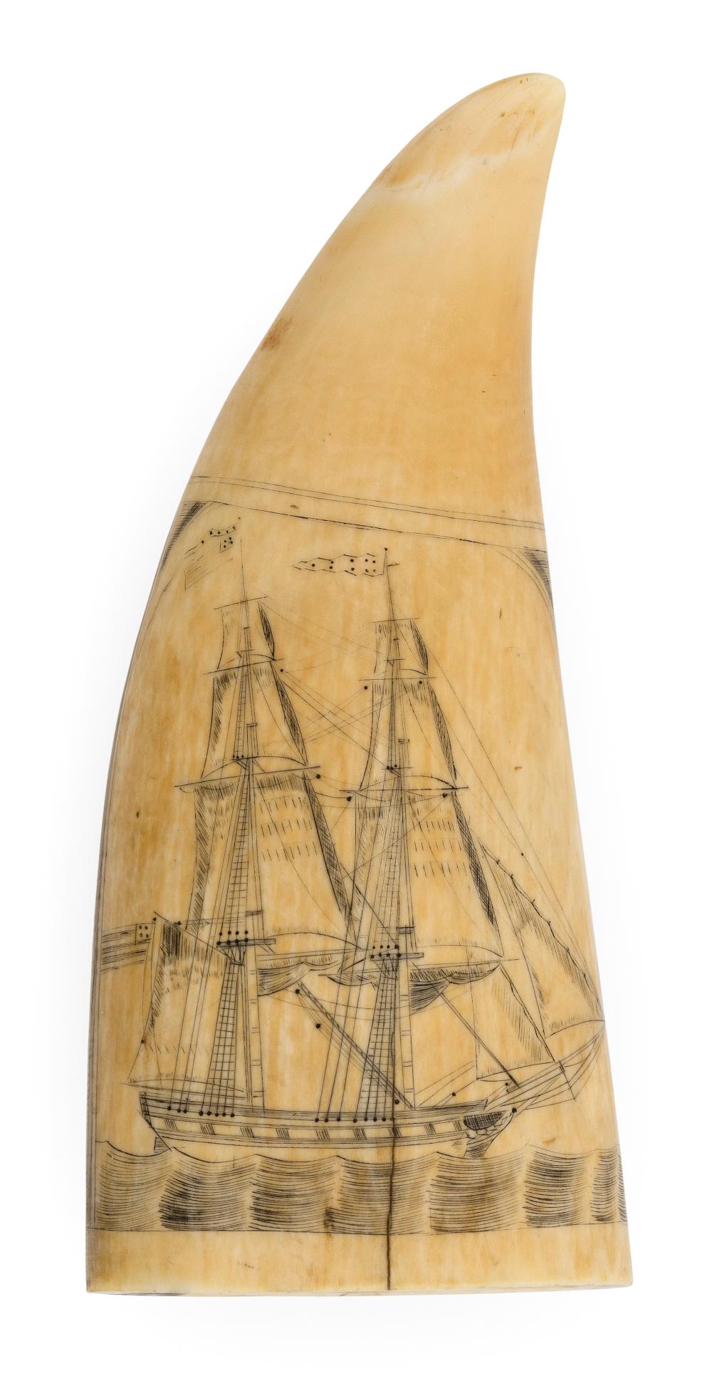 Appraisal: SCRIMSHAW WHALE S TOOTH WITH SHIP PORTRAIT AND MEMORIAL SCENE