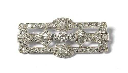 Appraisal: DIAMOND BROOCH ca Platinum Attractive rectangular geometrically open-worked brooch adorned