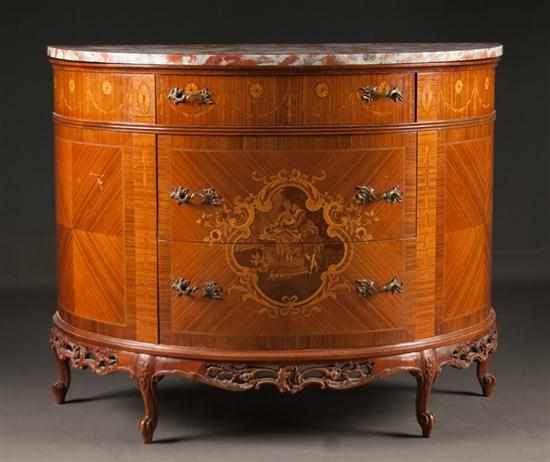 Appraisal: Louis XV style inlaid rosewood languedoc marble-top demilune commode th